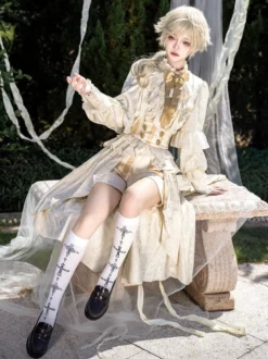 Ensemble robe Lolita Ouji Prince blanche à volants et dentelle manches longues