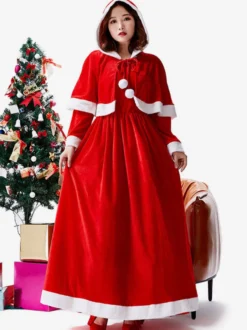 Ensemble Robe Rouge De Noël Cape Costumes De Vacances De Noël Déguisement