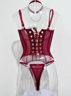 Ensembles de corsets et pantalons bordeaux en polyester dos nu à lacets ensembles de lingerie sexy d'intérieur