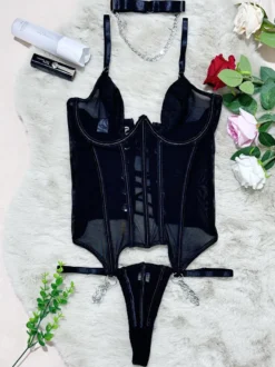 Ensembles de corsets et pantalons bordeaux en polyester dos nu à lacets ensembles de lingerie sexy d'intérieur