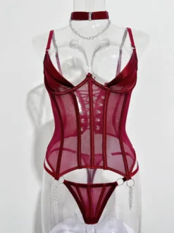 Ensembles de corsets et pantalons bordeaux en polyester dos nu à lacets ensembles de lingerie sexy d'intérieur