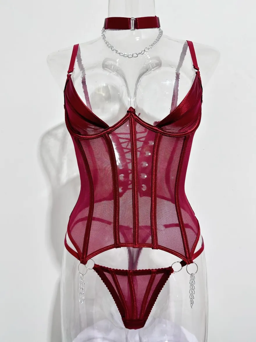 Ensembles de corsets et pantalons bordeaux en polyester dos nu à lacets ensembles de lingerie sexy d'intérieur