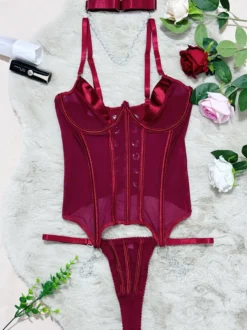 Ensembles de corsets et pantalons bordeaux en polyester dos nu à lacets ensembles de lingerie sexy d'intérieur