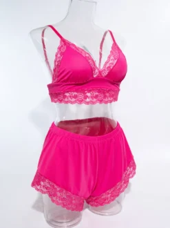 Ensembles De Pyjama Lingerie D'intérieur En Dentelle Rose Soutien-Gorge Short
