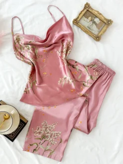 Ensembles de pyjama vert quotidien décontracté imprimé floral lingerie soyeuse