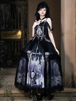 Ensembles de robes Gothic Lolita à lacets fleurs squelette et croix haut noir et jupe longue