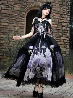 Ensembles de robes Gothic Lolita à lacets fleurs squelette et croix haut noir et jupe longue