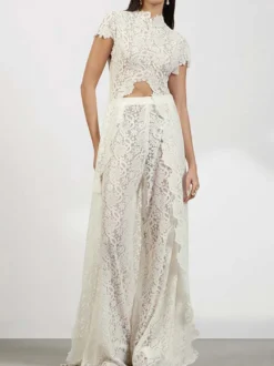 Ensembles deux pièces : pantalon robe maxi blanc tenue de villégiature col rond manches illusion manches courtes