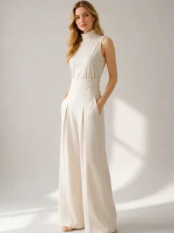 Ensembles deux pièces : pantalon et robe maxi écru blanc à col montant sans manches élégants