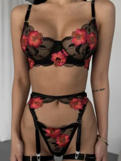 Ensemble soutien-gorge et culotte noirs sexy à imprimé floral pour mariée