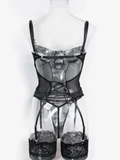 Ensembles 3 pièces de lingerie collants et bas résille noirs à imprimé floral