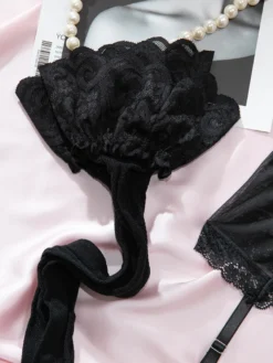 Ensembles 3 pièces de lingerie collants et bas résille noirs à imprimé floral