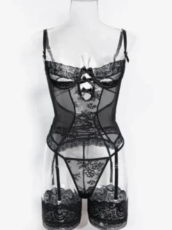 Ensembles 3 pièces de lingerie collants et bas résille noirs à imprimé floral
