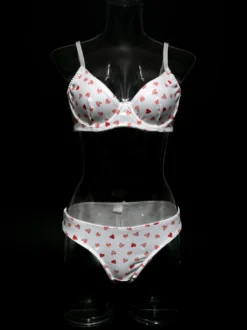 Ensembles 2 pièces de lingerie de mariée à motif cœurs : soutien-gorge et culotte blancs.