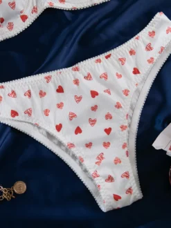 Ensembles 2 pièces de lingerie de mariée à motif cœurs : soutien-gorge et culotte blancs.