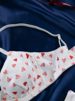 Ensembles 2 pièces de lingerie de mariée à motif cœurs : soutien-gorge et culotte blancs.
