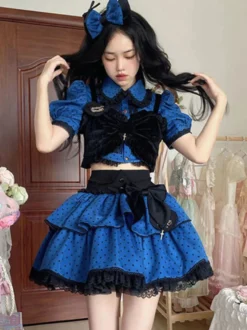 Ensemble Style Idole Lolita Tenues Bleu Pois Manches Courtes Top Jupe