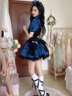 Ensemble Style Idole Lolita Tenues Bleu Pois Manches Courtes Top Jupe