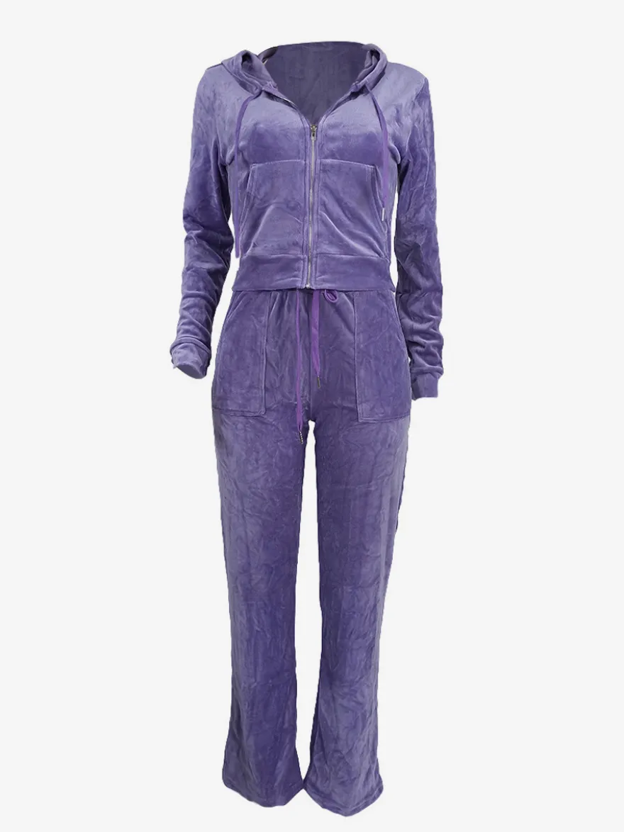 Ensemble survêtement en velours avec sweat à capuche zippé et pantalon pour femme 2026