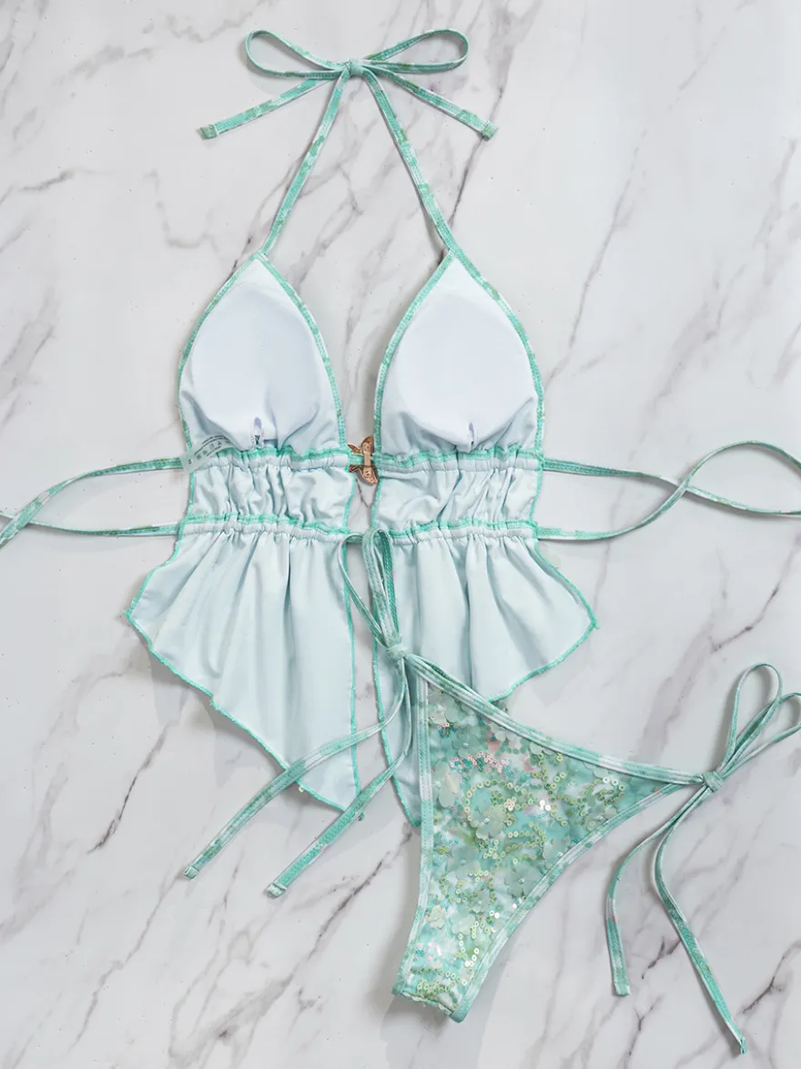 Ensemble tankini dos nu à paillettes pour femme - Maillot de bain 2 pièces à appliqué floral et breloque étoile de mer - Idéal pour les fêtes d'été à la plage 2026