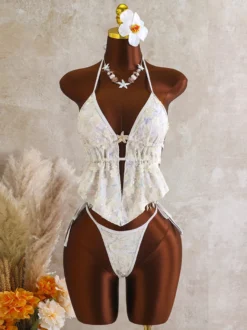 Ensemble tankini dos nu à paillettes pour femme - Maillot de bain 2 pièces à appliqué floral et breloque étoile de mer - Idéal pour les fêtes d'été à la plage 2026