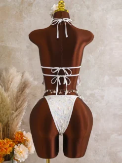 Ensemble tankini dos nu à paillettes pour femme - Maillot de bain 2 pièces à appliqué floral et breloque étoile de mer - Idéal pour les fêtes d'été à la plage 2026