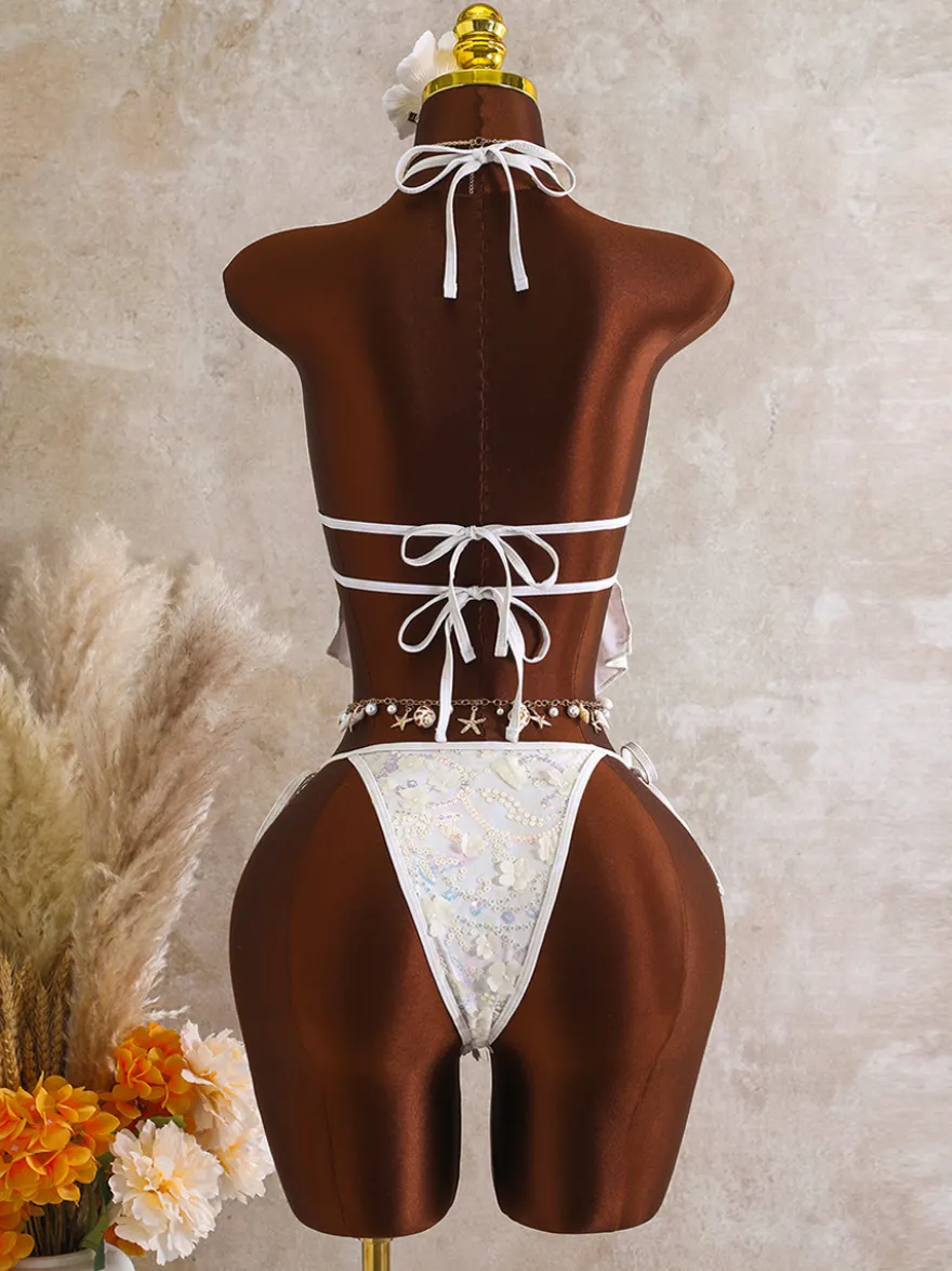 Ensemble tankini dos nu à paillettes pour femme - Maillot de bain 2 pièces à appliqué floral et breloque étoile de mer - Idéal pour les fêtes d'été à la plage 2026