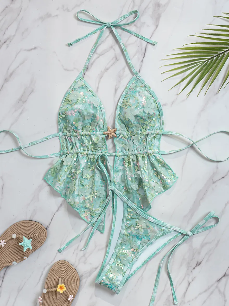Ensemble tankini dos nu à paillettes pour femme - Maillot de bain 2 pièces à appliqué floral et breloque étoile de mer - Idéal pour les fêtes d'été à la plage 2026