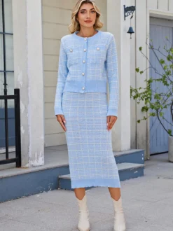 Ensemble tricoté avec cardigan à carreaux et jupe crayon mi-longue pour femme 2026