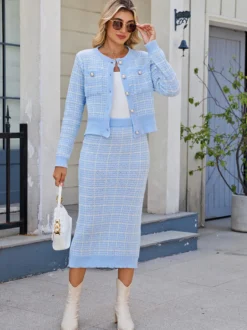 Ensemble tricoté avec cardigan à carreaux et jupe crayon mi-longue pour femme 2026
