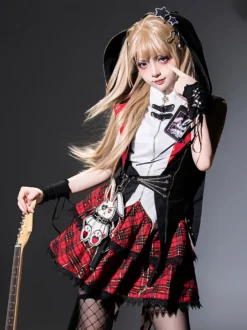 Ensemble trois pièces veste à capuche chemisier et jupe style gothique Lolita Midnight Bunny Rock