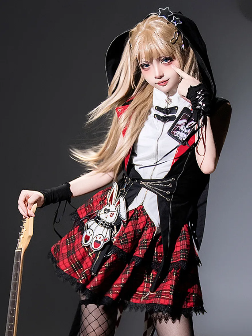 Ensemble trois pièces veste à capuche chemisier et jupe style gothique Lolita Midnight Bunny Rock