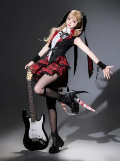 Ensemble trois pièces veste à capuche chemisier et jupe style gothique Lolita Midnight Bunny Rock
