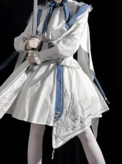 Ensemble uniforme militaire Lolita chemise à manches longues et jupe corset ensemble deux pièces costume Lolita de style prince chevalier blanc et bleu