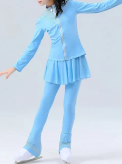 Ensemble veste et pantalon de patinage artistique pour filles et femmes orné de strass manches longues survêtement chaud avec coussinets de hanches tenue d'entraînement de patinage sur glace