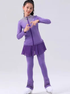 Ensemble veste et pantalon de patinage artistique pour filles et femmes orné de strass manches longues survêtement chaud avec coussinets de hanches tenue d'entraînement de patinage sur glace