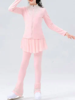 Ensemble veste et pantalon de patinage artistique pour filles et femmes orné de strass manches longues survêtement chaud avec coussinets de hanches tenue d'entraînement de patinage sur glace