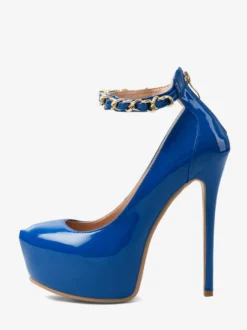Escarpins bleus sexy à plateforme pour femmes bout rond talon aiguille et bride cheville