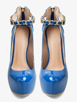 Escarpins bleus sexy à plateforme pour femmes bout rond talon aiguille et bride cheville