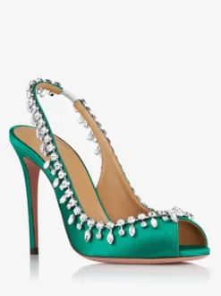 Escarpins à bride arrière en satin à bout ouvert et strass chaussures de fête à talons hauts