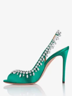 Escarpins à bride arrière en satin à bout ouvert et strass chaussures de fête à talons hauts