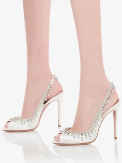 Escarpins à bride arrière en satin à bout ouvert et strass chaussures de fête à talons hauts