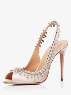 Escarpins à bride arrière en satin à bout ouvert et strass chaussures de fête à talons hauts