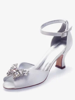 Escarpins de mariée argent bout ouvert boucle réglable talon bas décoré de diamant artificiel