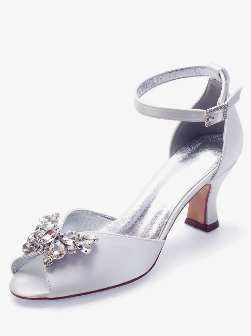 Escarpins de mariée argent bout ouvert boucle réglable talon bas décoré de diamant artificiel