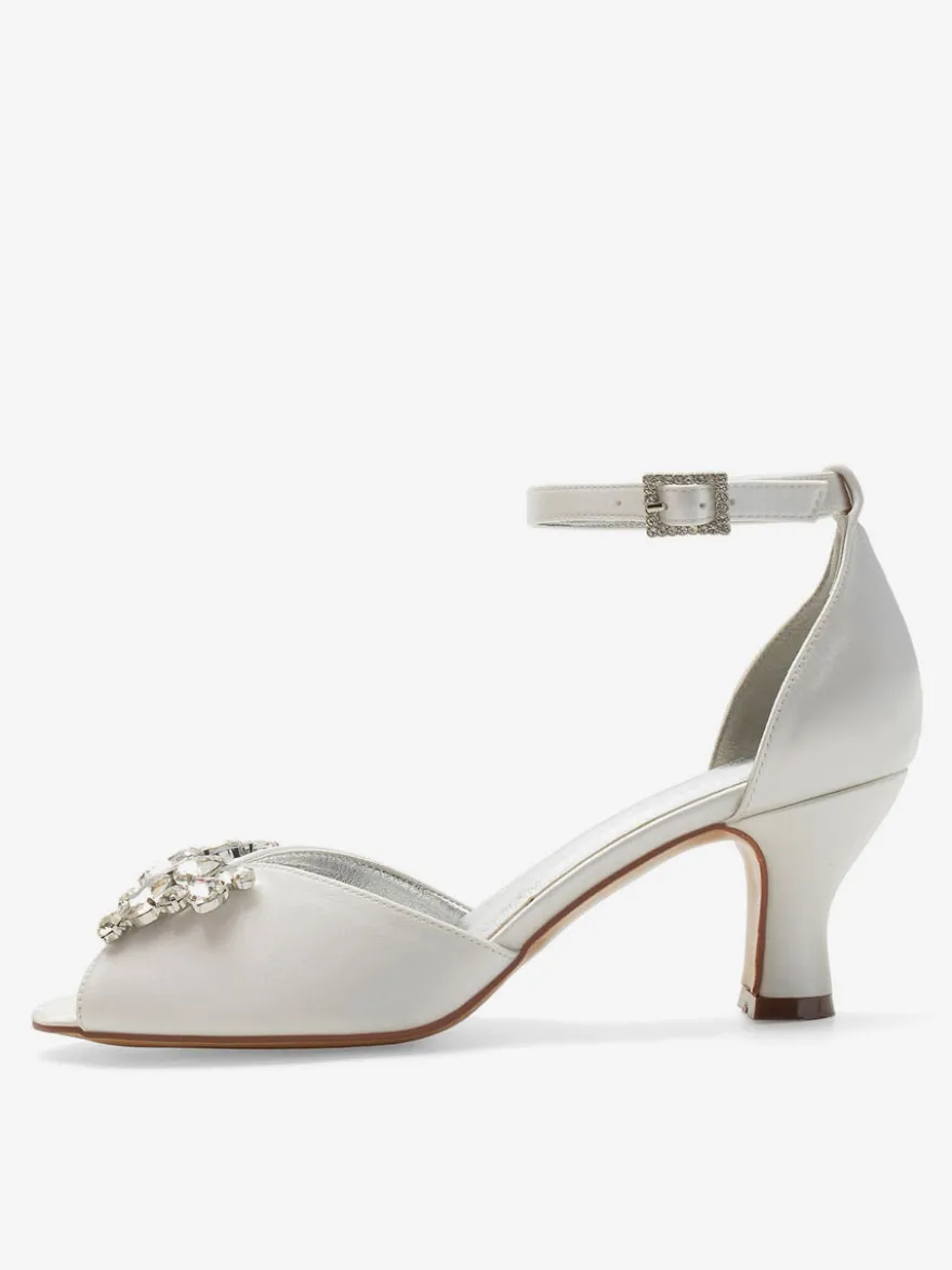 Escarpins de mariée argent bout ouvert boucle réglable talon bas décoré de diamant artificiel