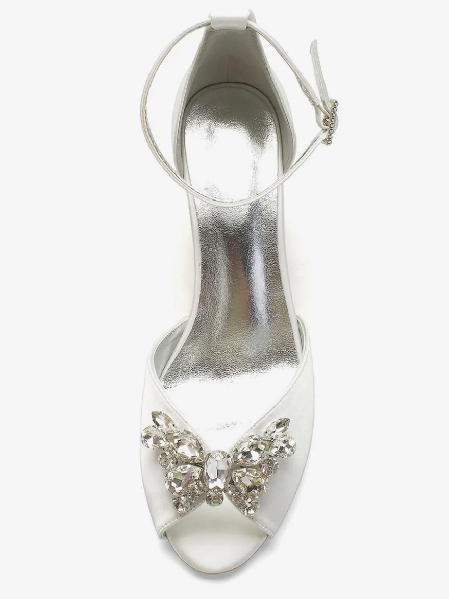 Escarpins de mariée argent bout ouvert boucle réglable talon bas décoré de diamant artificiel