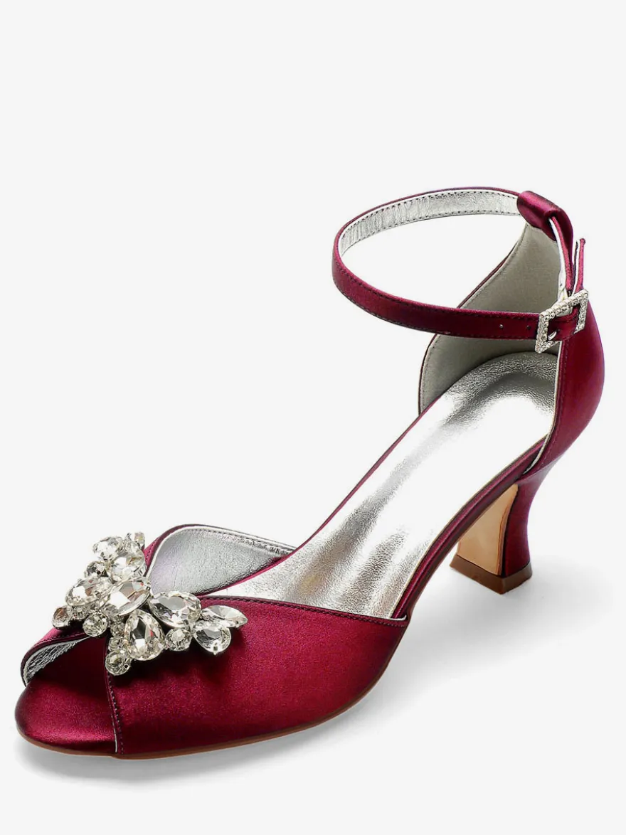Escarpins de mariée argent bout ouvert boucle réglable talon bas décoré de diamant artificiel