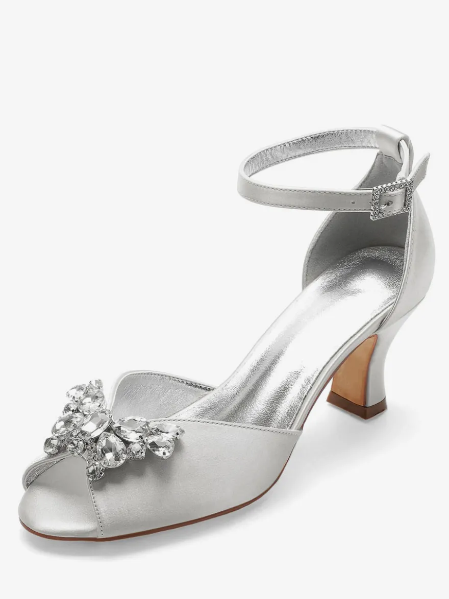 Escarpins de mariée argent bout ouvert boucle réglable talon bas décoré de diamant artificiel