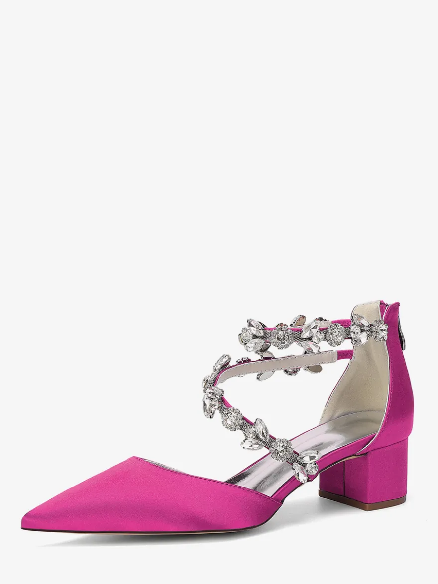 Escarpins de mariée en satin à bout pointu strass et brides talons compensés